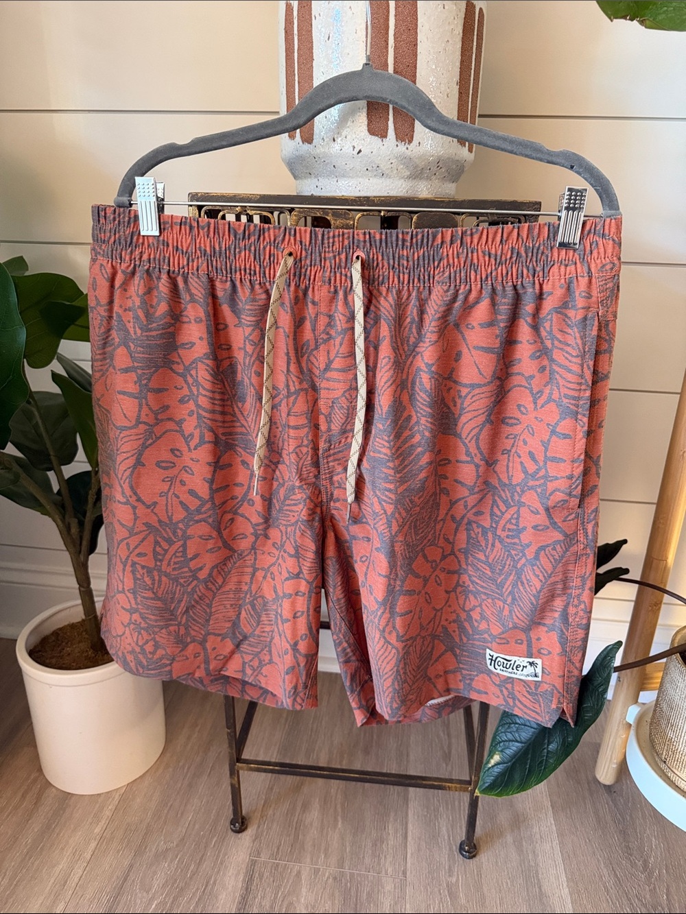 Howler Brothers Coral and Slate Leaf-Print Swim Trunks